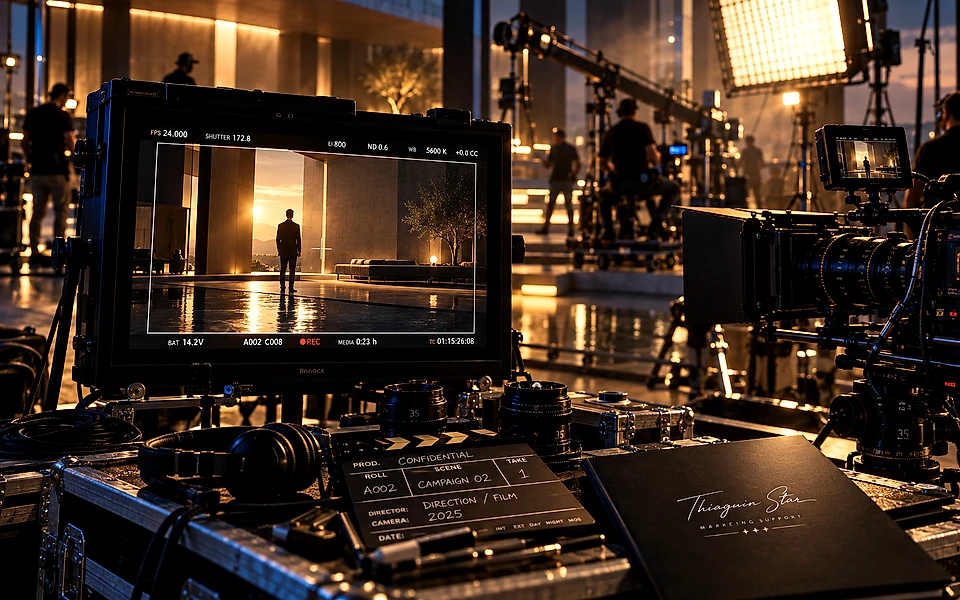 Campanha Audiovisual & Lançamento de Alto Impacto: Set de cinema com monitor de direção e claquete confidencial