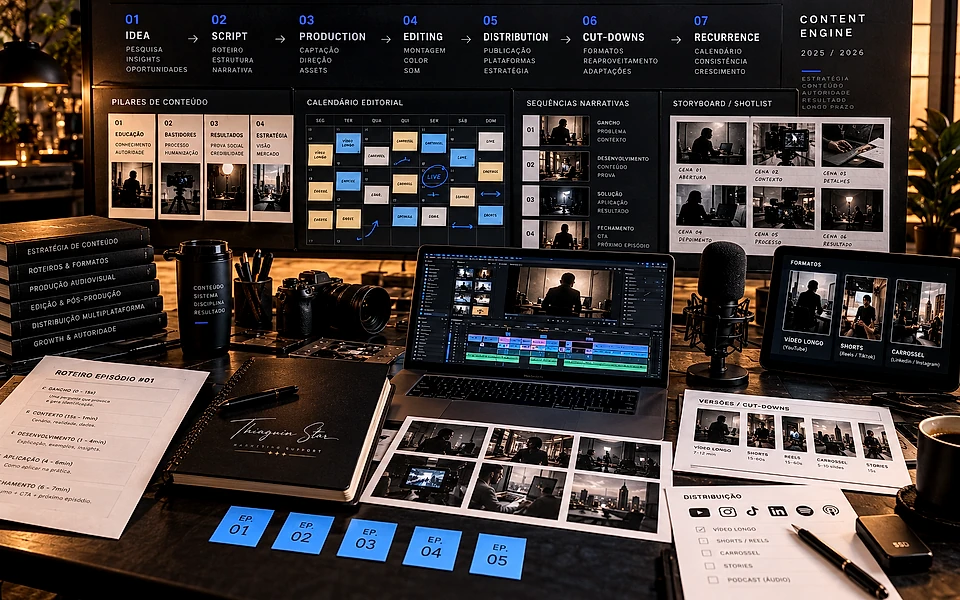 Engenharia Editorial & Máquina de Conteúdo: Quadro de esteira editorial e setup de edição de vídeo