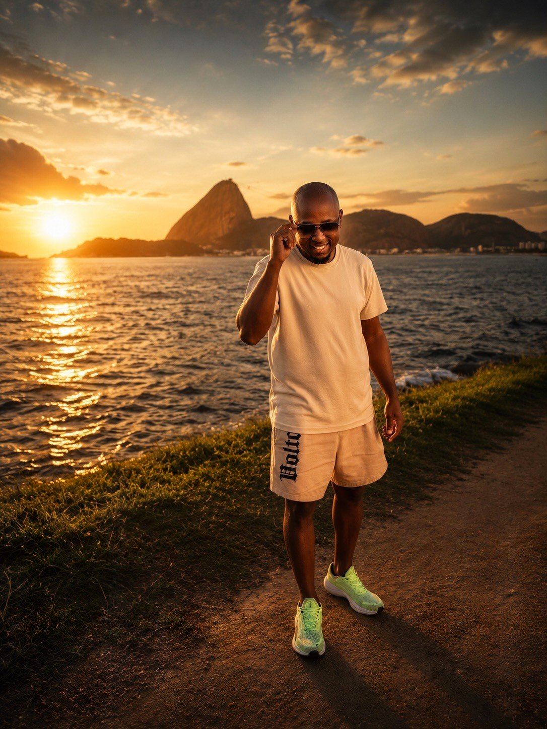 Thiaguin Star caminhando na orla ao pôr do sol